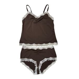 Pink K Womens L Brown & Ivory Lace Lined Adjustable Stretchy Lingerie Set